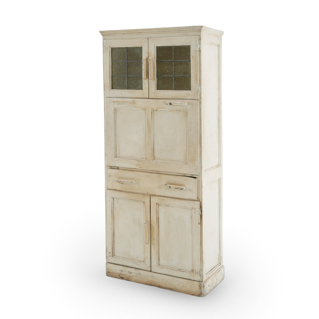 Distressed Cream Wood Hutch with Textured Glass Doors