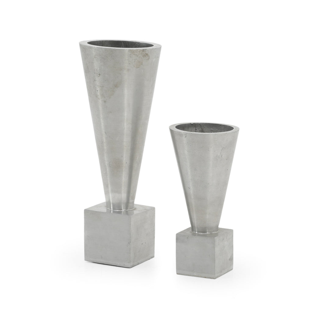 Set of Two Brushed Aluminum Conical Vases