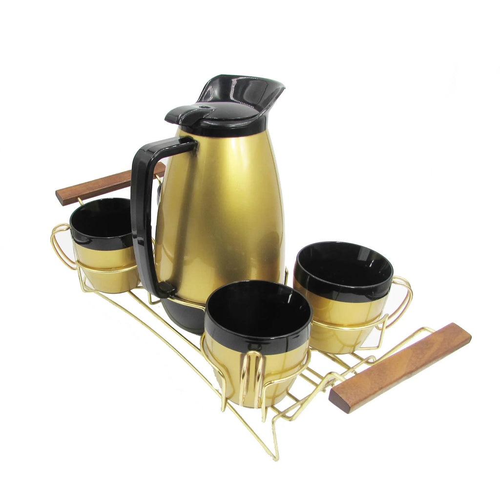Gold Coffee Cup, Carafe, and Carrier Set