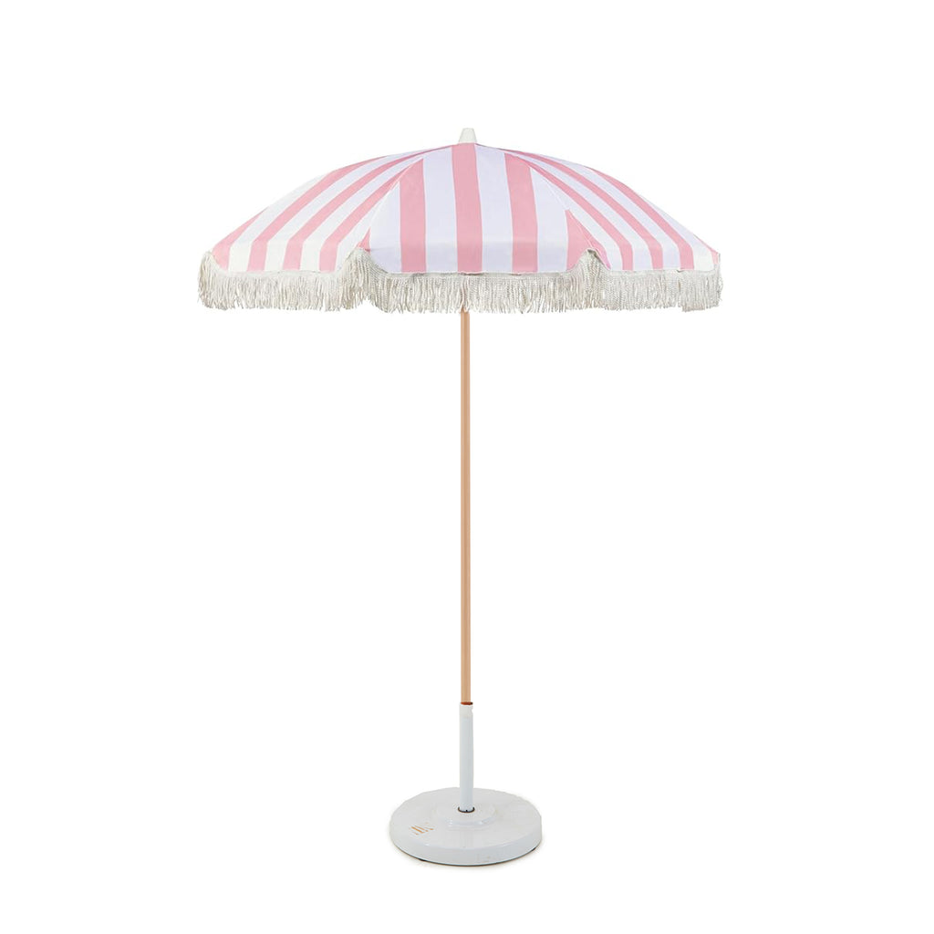 Pink and White Stripe Patio Umbrella w White Fringe (Copy)