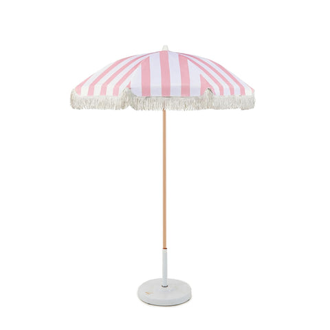 Pink and White Stripe Patio Umbrella w White Fringe (Copy)