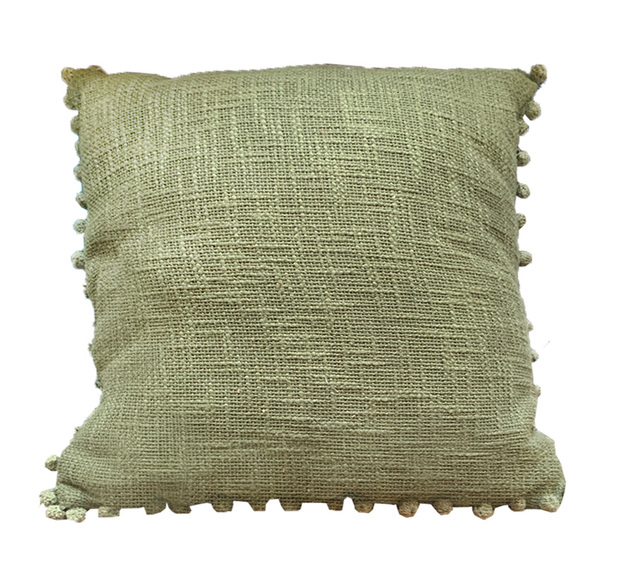 Green Square Pillow w/ Pom Pom Border