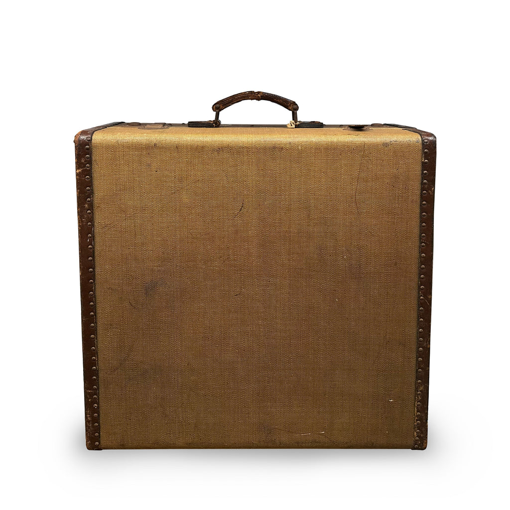 Tall Tan Hardshell Suitcase with Brown Leather Trim