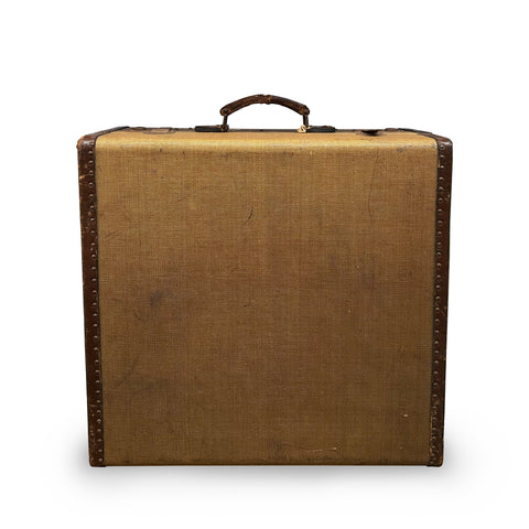 Tall Tan Hardshell Suitcase with Brown Leather Trim