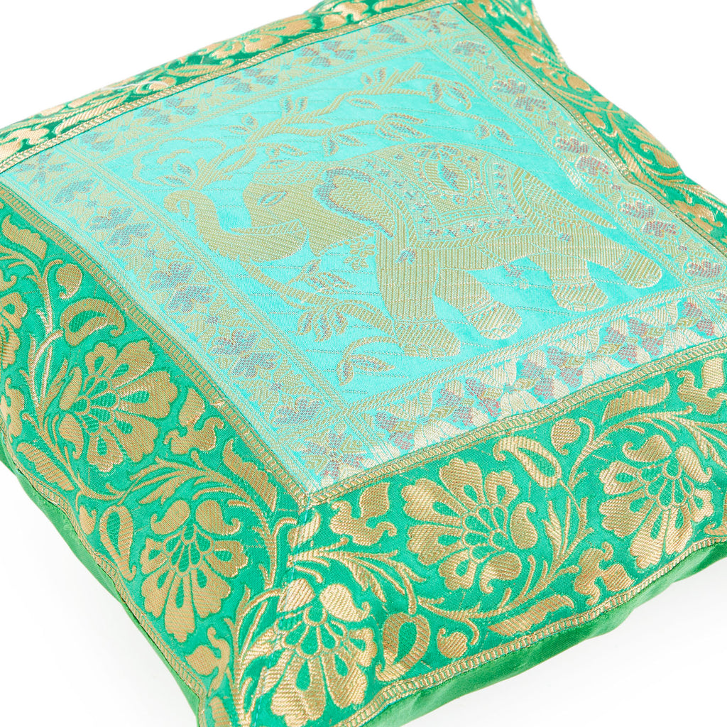 Green Indian Elephant Silk Pillow