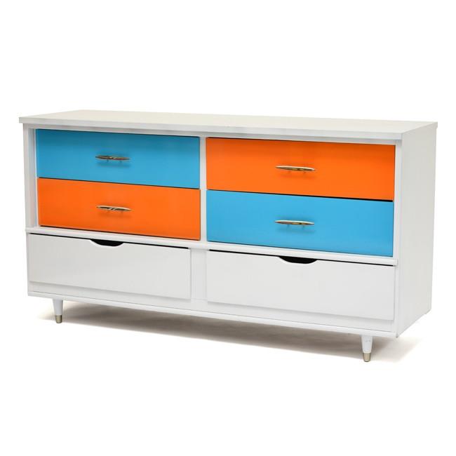 White Mod Dresser with Blue, Orange, and White Drawers - Gil & Roy Props White Mod Dresser with Blue, Orange, and White Drawers - Gil & Roy Props