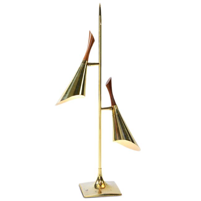 Two Brass & Wood Cone Table Lamp