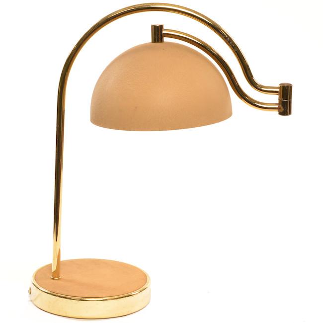 Tan Dome and Brass Arc Table Lamp