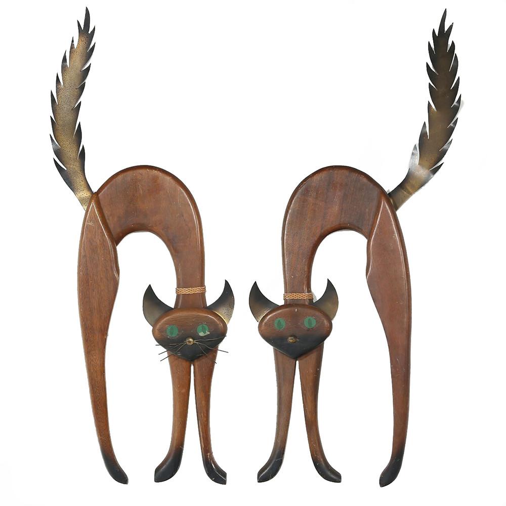 Pair of Wood + Brass Siamese Cats