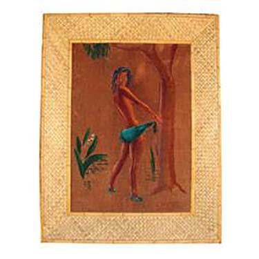 Tan Vintage Large Painting of Girl in Sarong