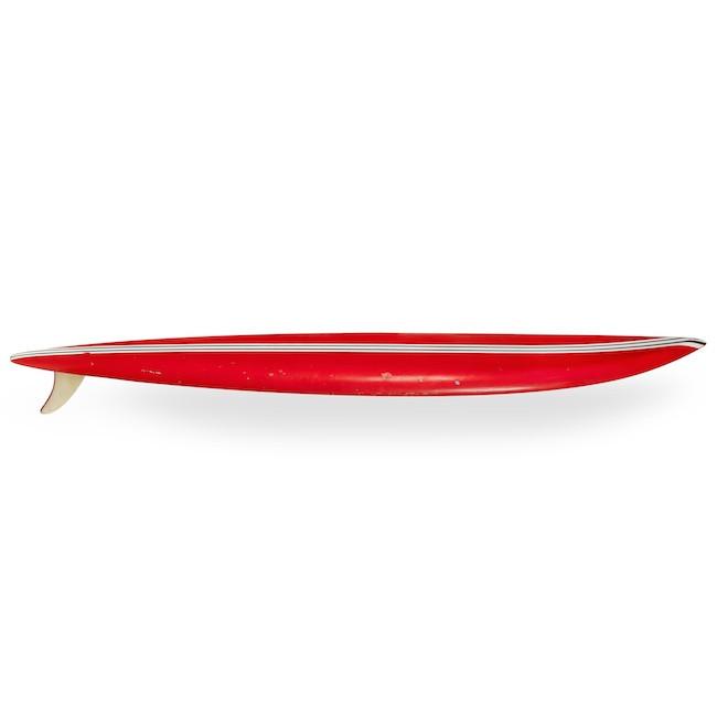 Red Surfboard with Black and White Stripes