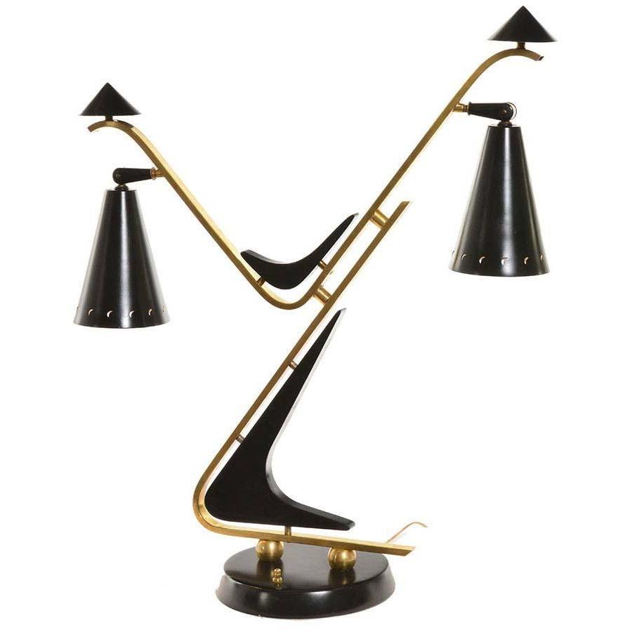Large Black + Brass Atomic Double Shade Table Lamp