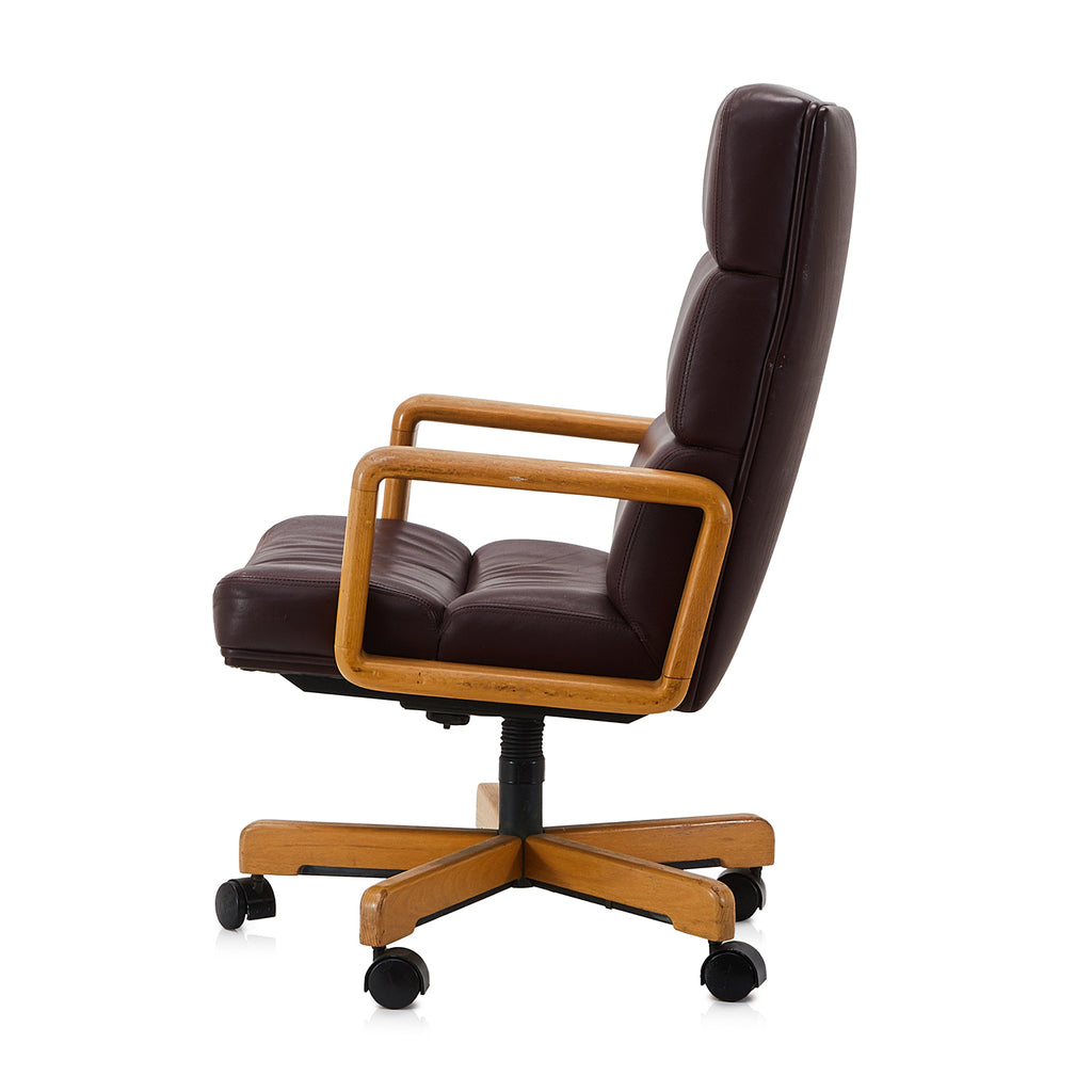 Brown Leather & Wood High Back Office Chair