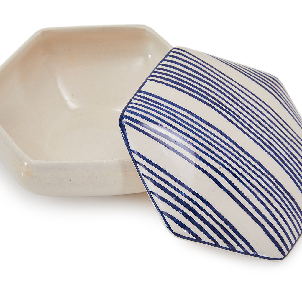 White Ceramic Ashtray with Blue Stripes