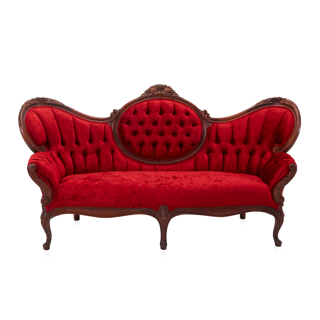 Red Velvet Victorian Wood Frame Sofa