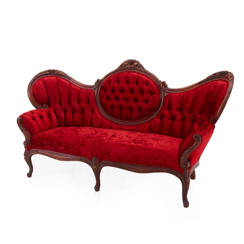 Red Velvet Victorian Wood Frame Sofa