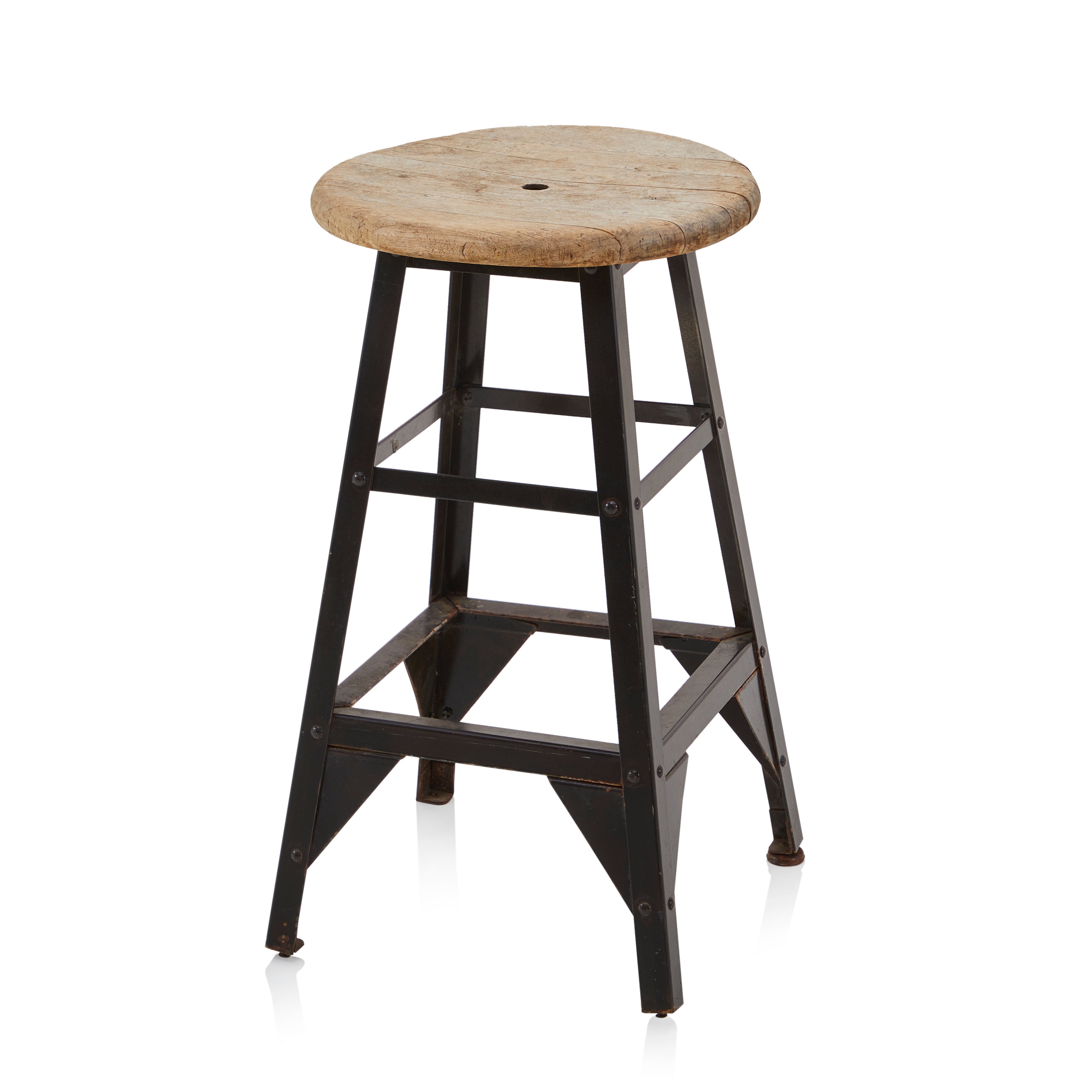 Rustic Wood Top Stool with Metal Base - Gil & Roy Props