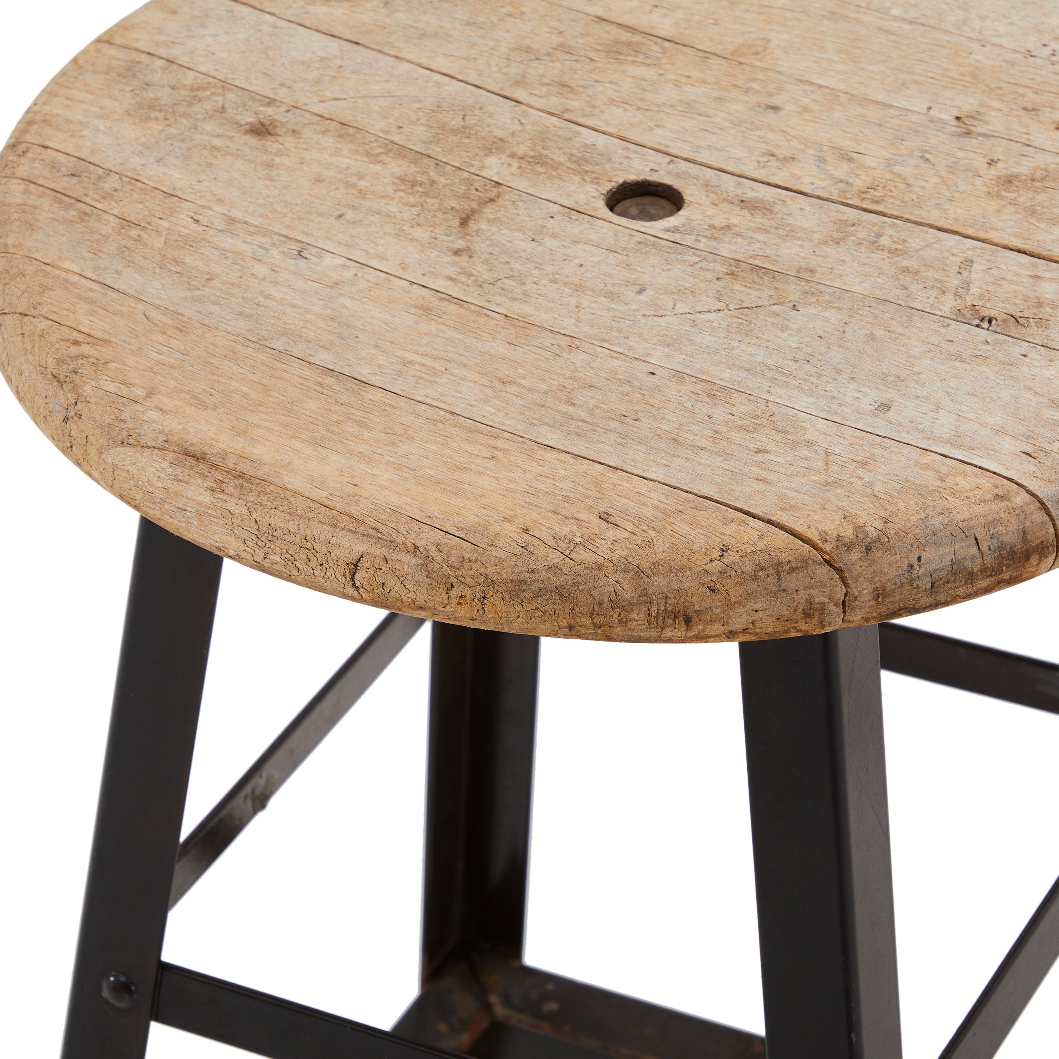 Rustic Wood Top Stool with Metal Base - Gil & Roy Props