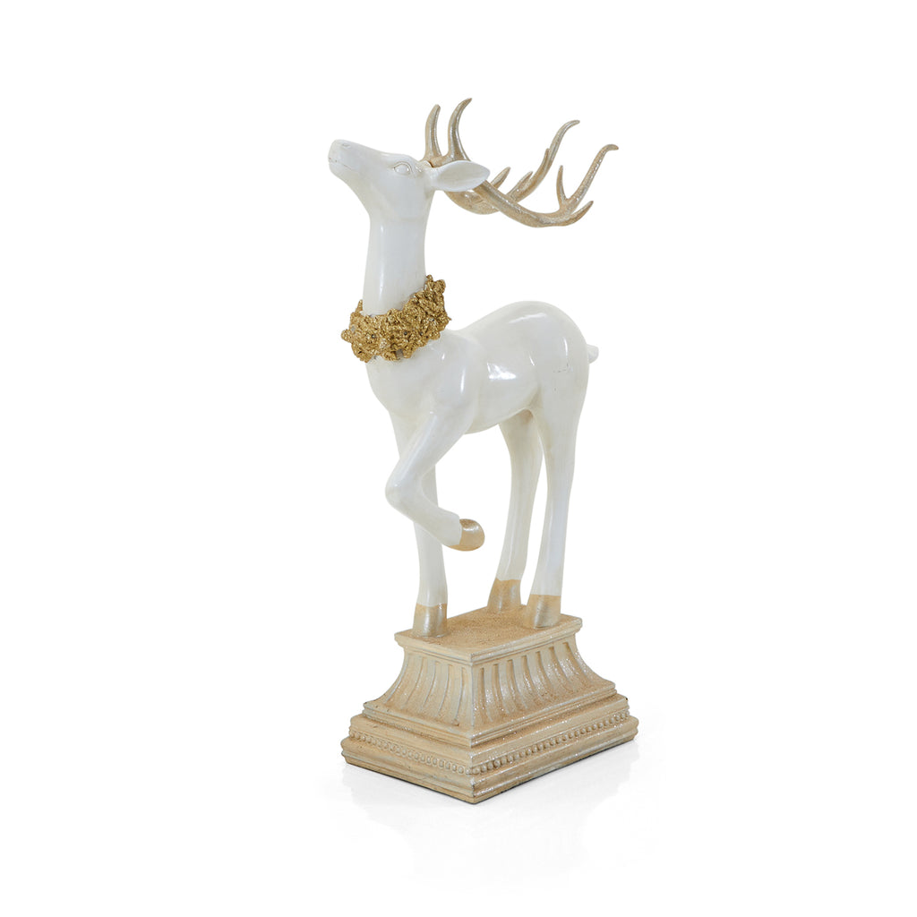 Large White Ceramic Elk Sculpture on Pedestal with Raised Head & Hoof