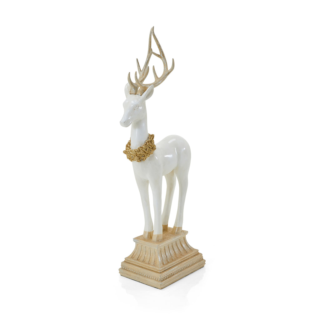 Large White Ceramic Elk Sculpture on Pedestal