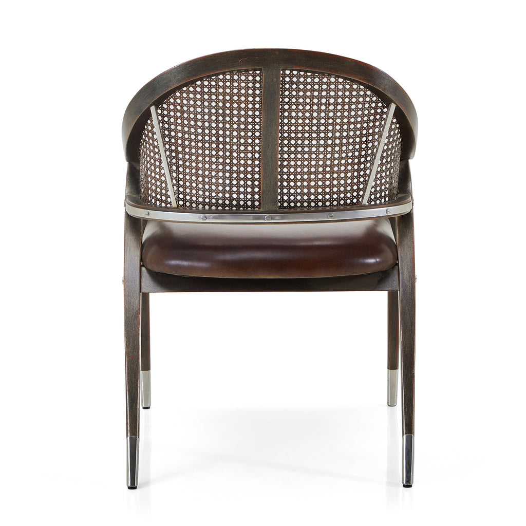 Curved Dark Wood Armchair with Wicker Back and Steel Details