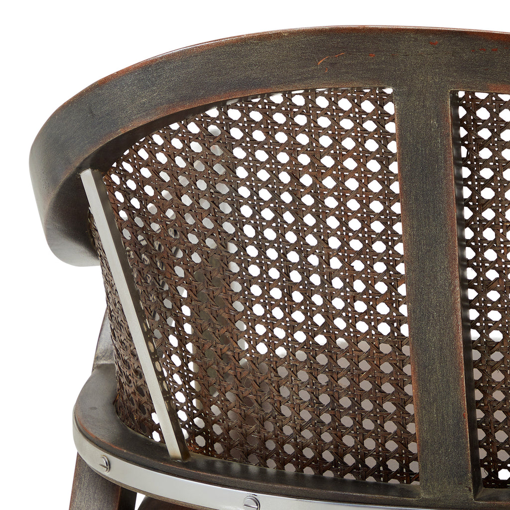 Curved Dark Wood Armchair with Wicker Back and Steel Details