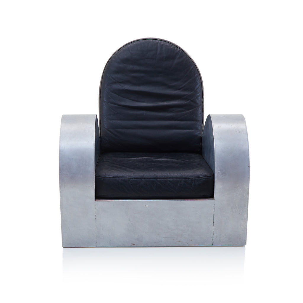Black Leather & Silver Deco Lounge Chair
