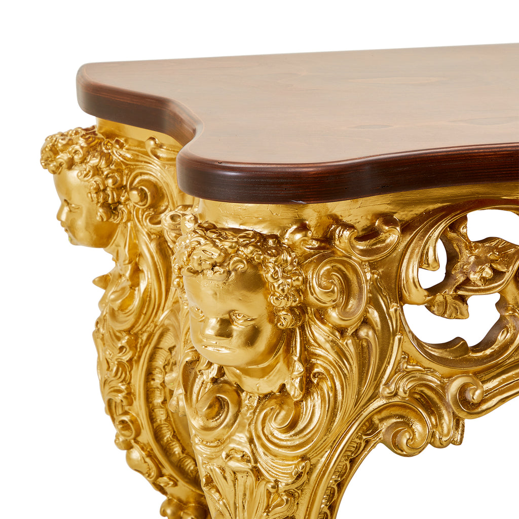 Gold Huge Rococo Console Table with Wood Top