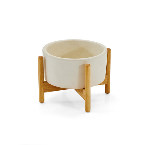 Case Study White Ceramic Planter with Light Wood Stand