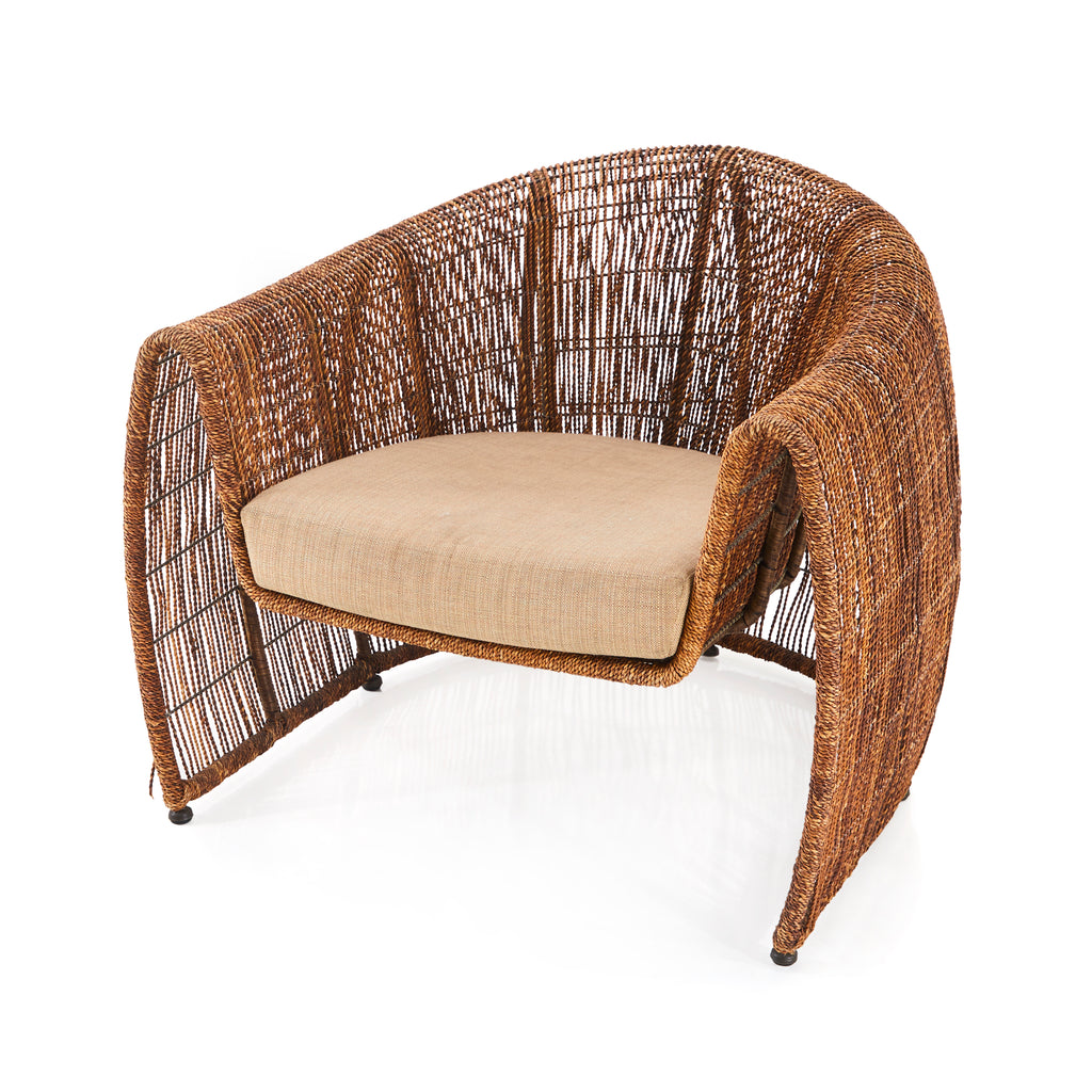 Wicker Barrel Back Lounge Chair w Tan Cushion
