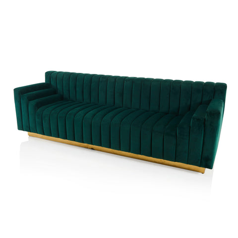 Large Dark Green Velvet Channel Tufted Sofa