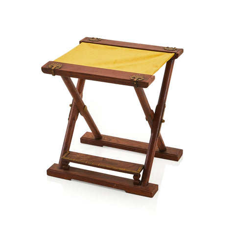 Fold-Out Dark Wood Stool with Yellow Canvas Seat