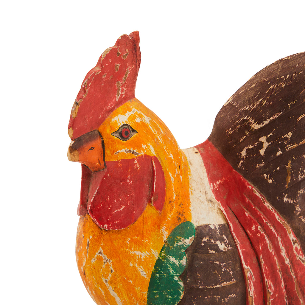 Brown and Red Painted Wooden Rooster Sculpture