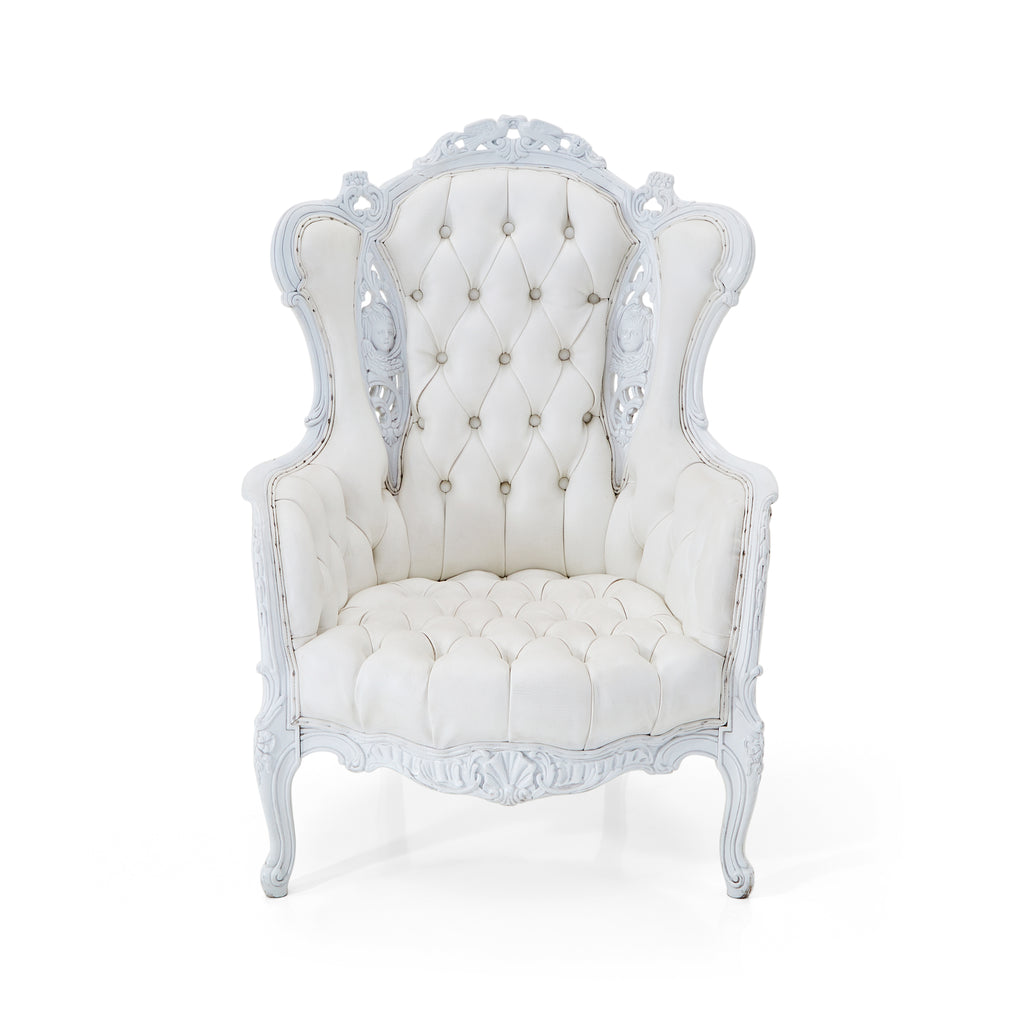 White Leather Button Tufted Victorian Wing Back Chair
