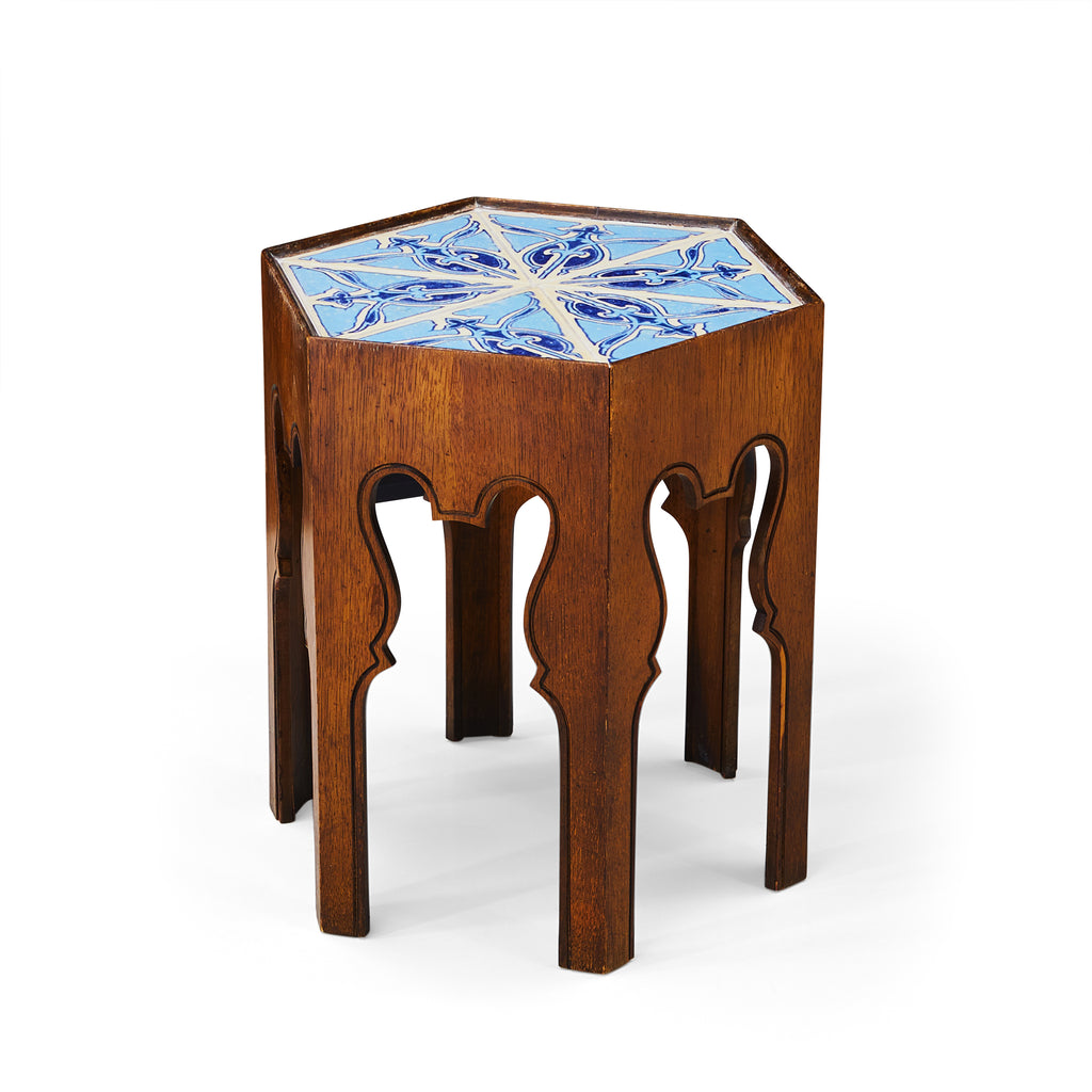 Wood Hexagon Side Table with Blue Tile Top