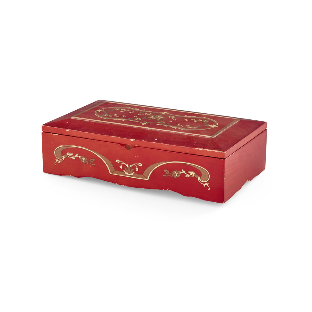 Red Wood Box with Painted Crest Design