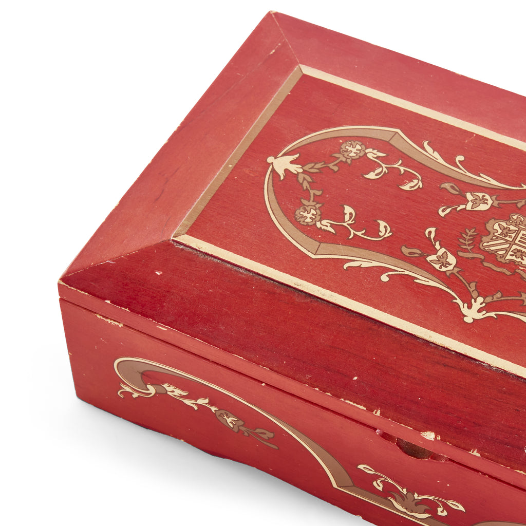 Red Wood Box with Painted Crest Design