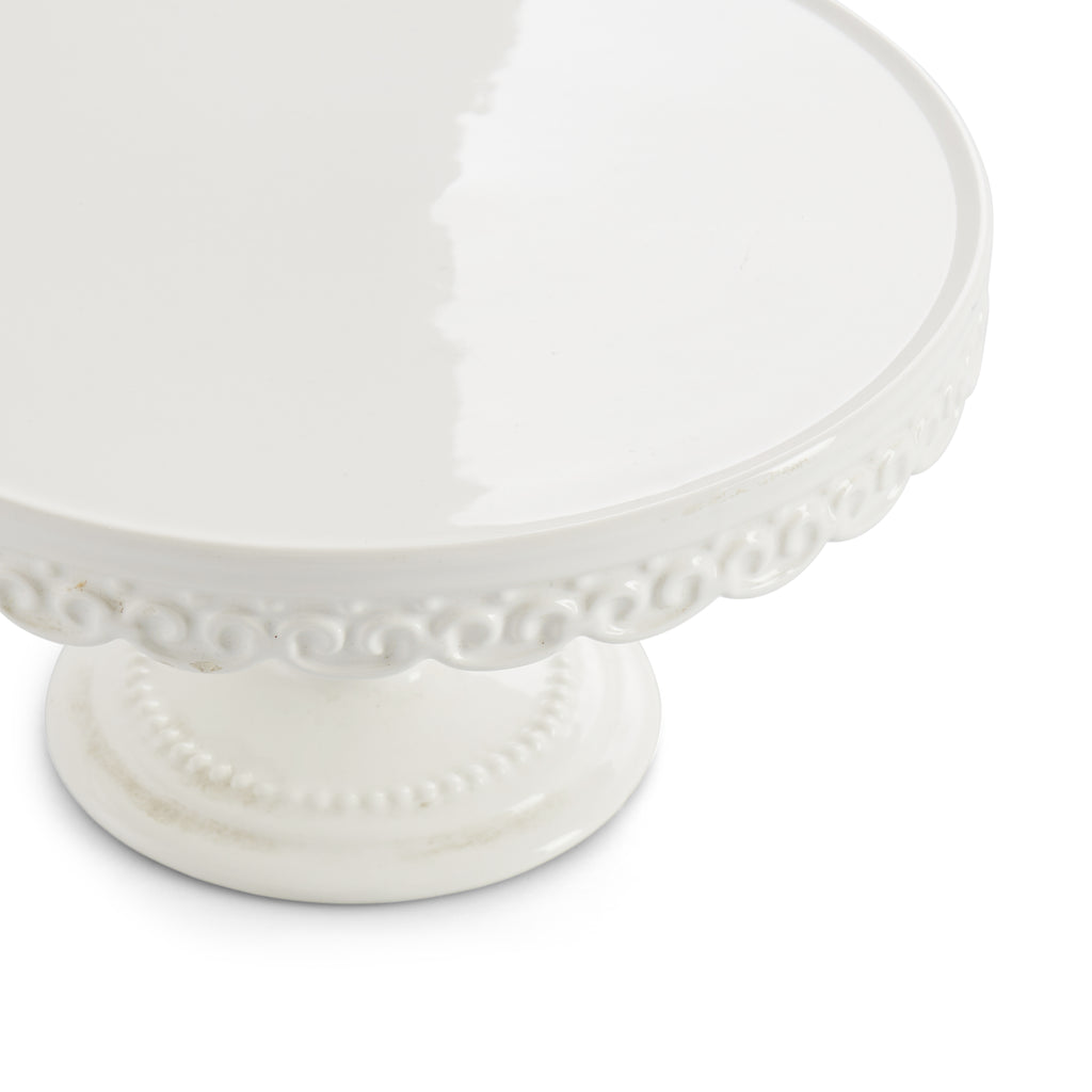 Short White Cake Display Stand w/ Curled Details on Rim - 10 inch