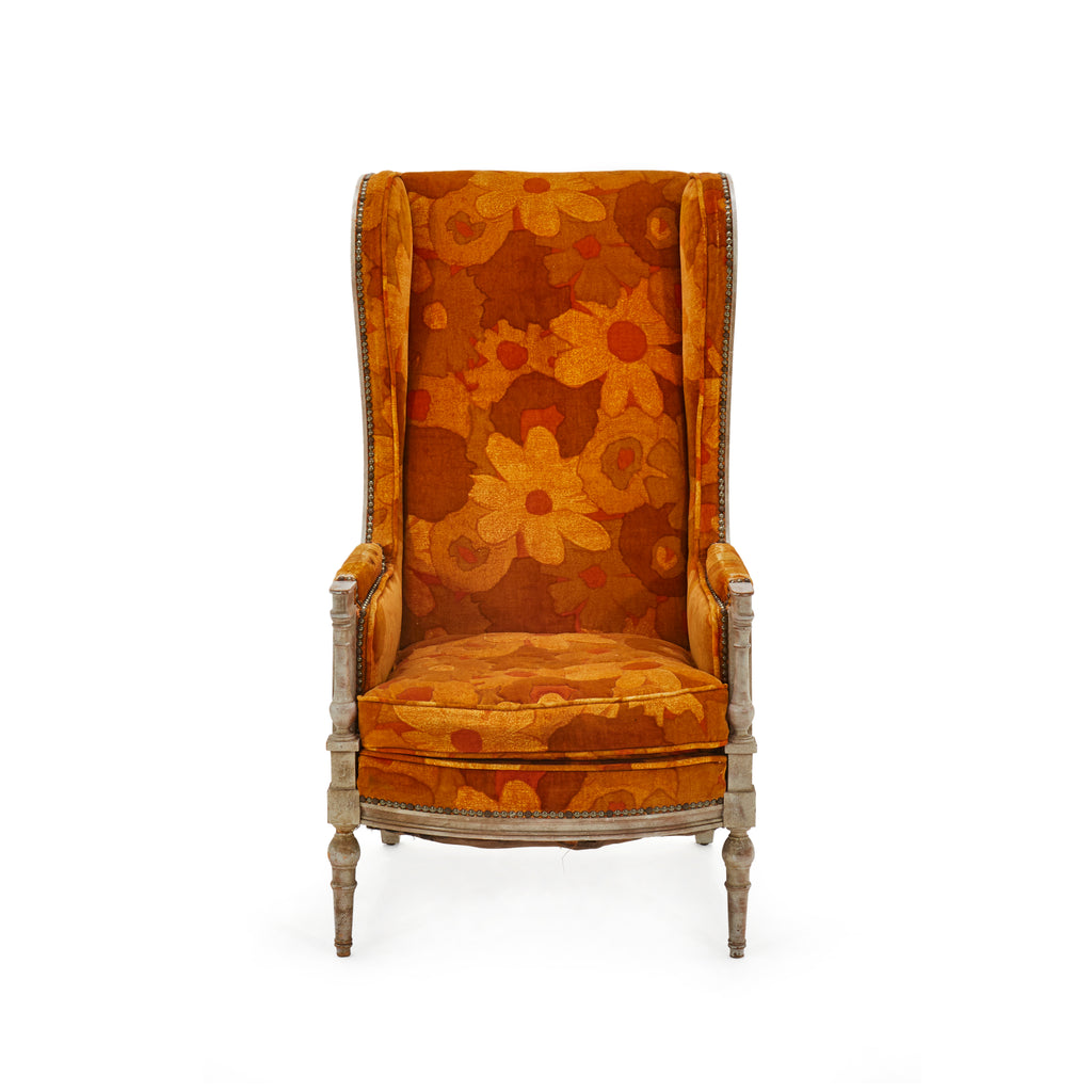 Orange Floral Vintage Wingback Chair