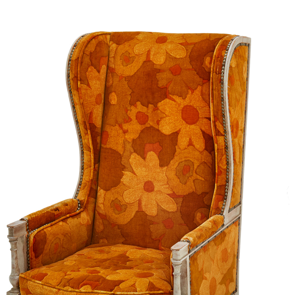 Orange Floral Vintage Wingback Chair