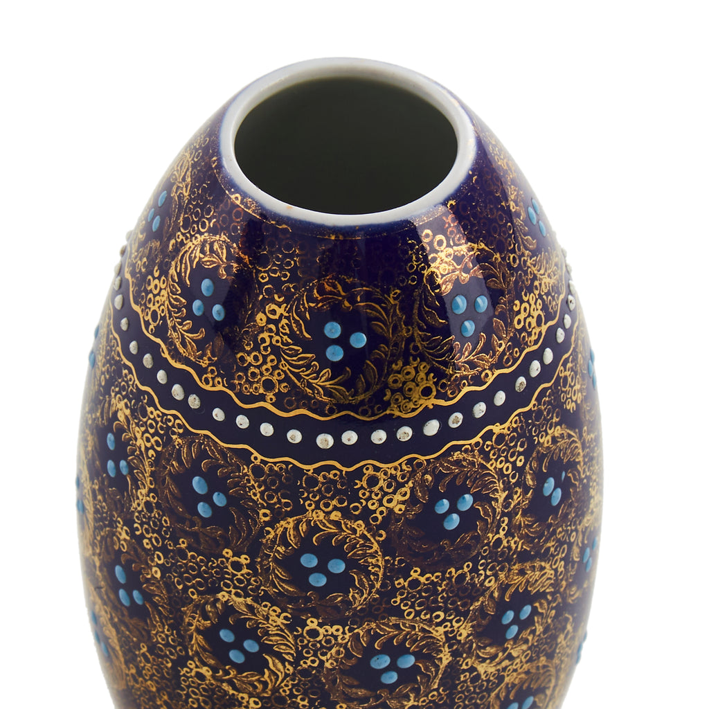 Gold and Blue Egg Shaped Ceramic and Enamel Vase