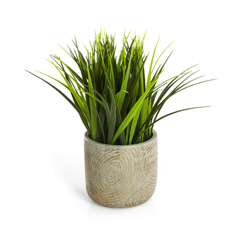 Gray Spiral Pattern Ceramic Planter with Thick Grass