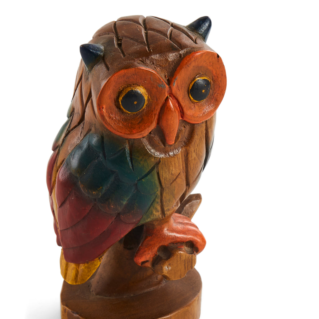 Painted Wood Owl Sculpture