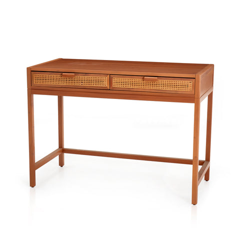 Stained Wood Desk With Rattan Drawers