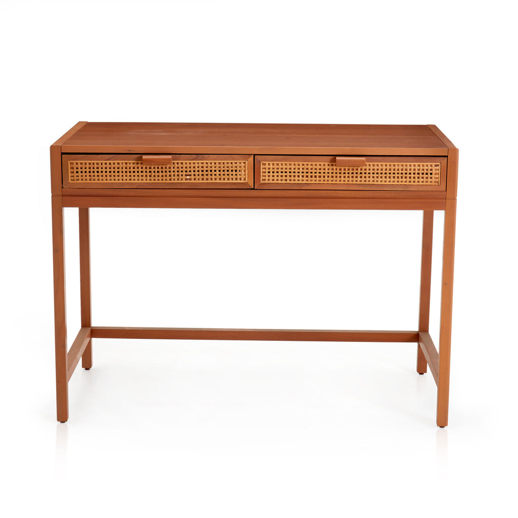 Stained Wood Desk With Rattan Drawers
