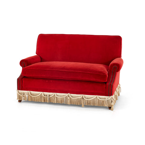 Red Velvet Loveseat with Tan Tassels