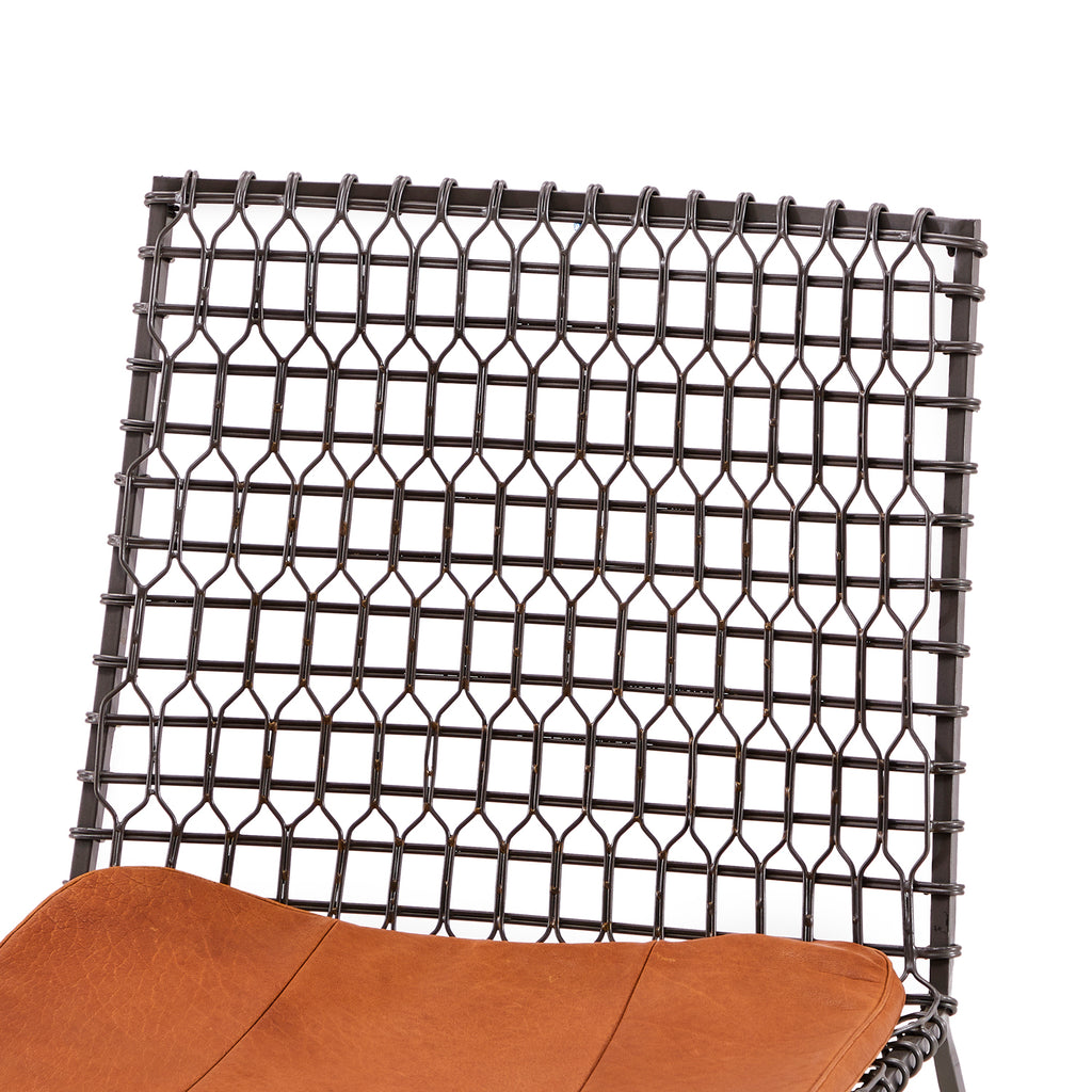 Grey Metal Wire Dining Chair with Camel Leather Cushion