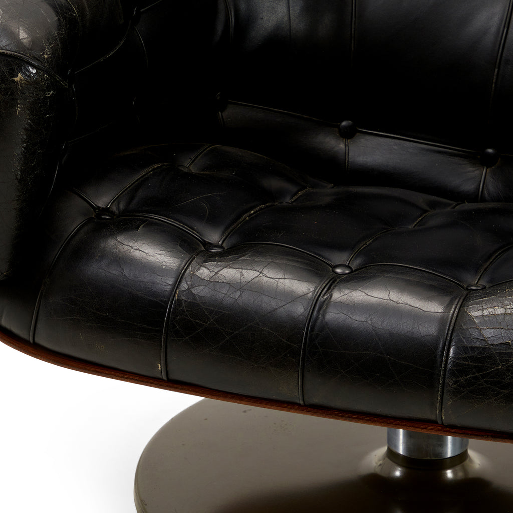 Huge Burlwood and Black Leather Lounge Chair + Ottoman