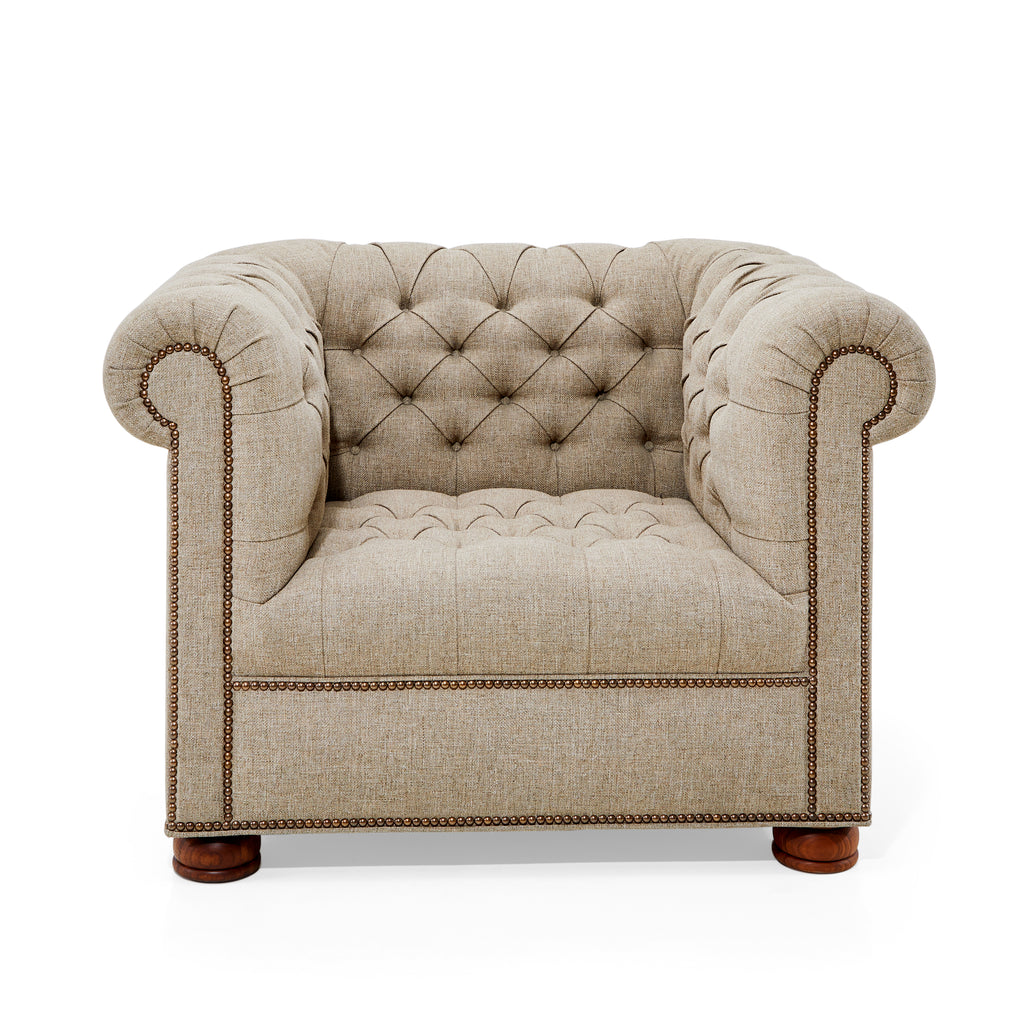 Grey Wheat Fabric Tufted Chesterfield Arm Chair