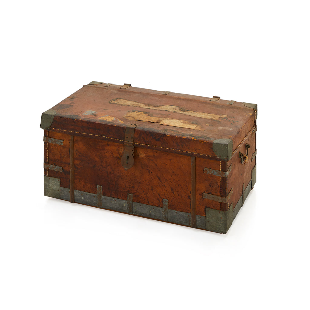 Brown Leather & Steel Distressed Trunk